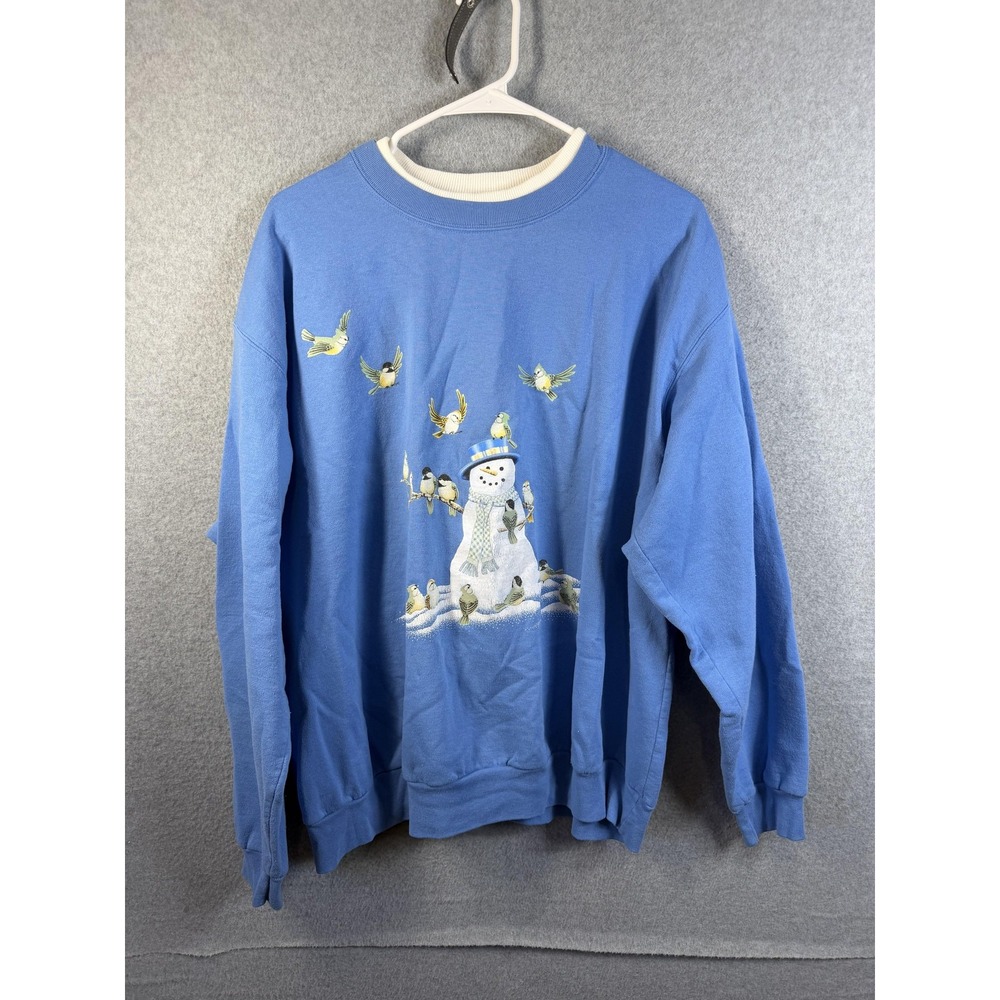 Morning Sun Sweatshirt Womens 2XL Blue Fleece Snowman Birds Christmas Graphic